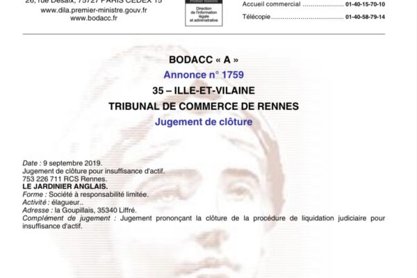 BODACC Judgement Closure Stuart Lee co-owner Le Jardinier Anglais SARL