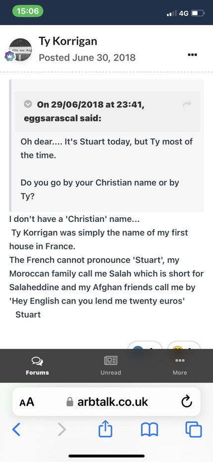 Ty Korrigan name for Stuart Lee Arb Talk